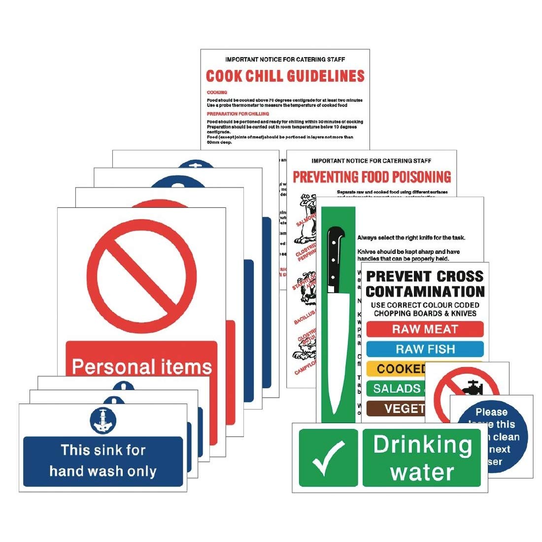 Vogue W192 Food Preparation Sign Pack Notice Safety Plaque Poster Display Commercial, grey|yellow|red|green