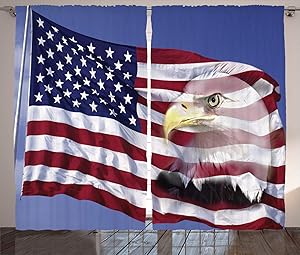 Ambesonne American Flag Curtains, Bless America Flag in The Wind with Eagle Double Exposure Citizen Image, Living Room Bedroom Window Drapes 2 Panel Set, 108" X 108", Blue Red