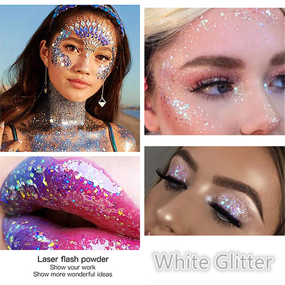 Go Ho Go Ho Clear White Face Body Glitter - Party Flash Festival Rave Outfits for Women&Kids,Holographic Glitter White Face Paint,Halloween Mermaid Fairy Makeup Chunky Sequins Gel,Rave Pride Accessories