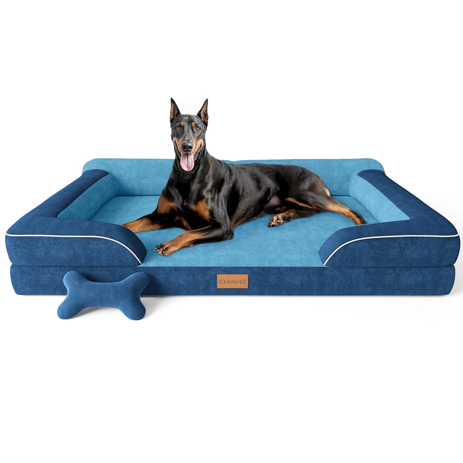 CWAWZ XXL Dog Bed for Extra Large Dogs, Giant Orthopedic Dog Bed with Cooling Gel Memory Foam, Waterproof Pet Bed with Removable Washable Cover, 53" Pet Sofa Bed Dutch Velvet with Bone Toy, Navy Blue Image