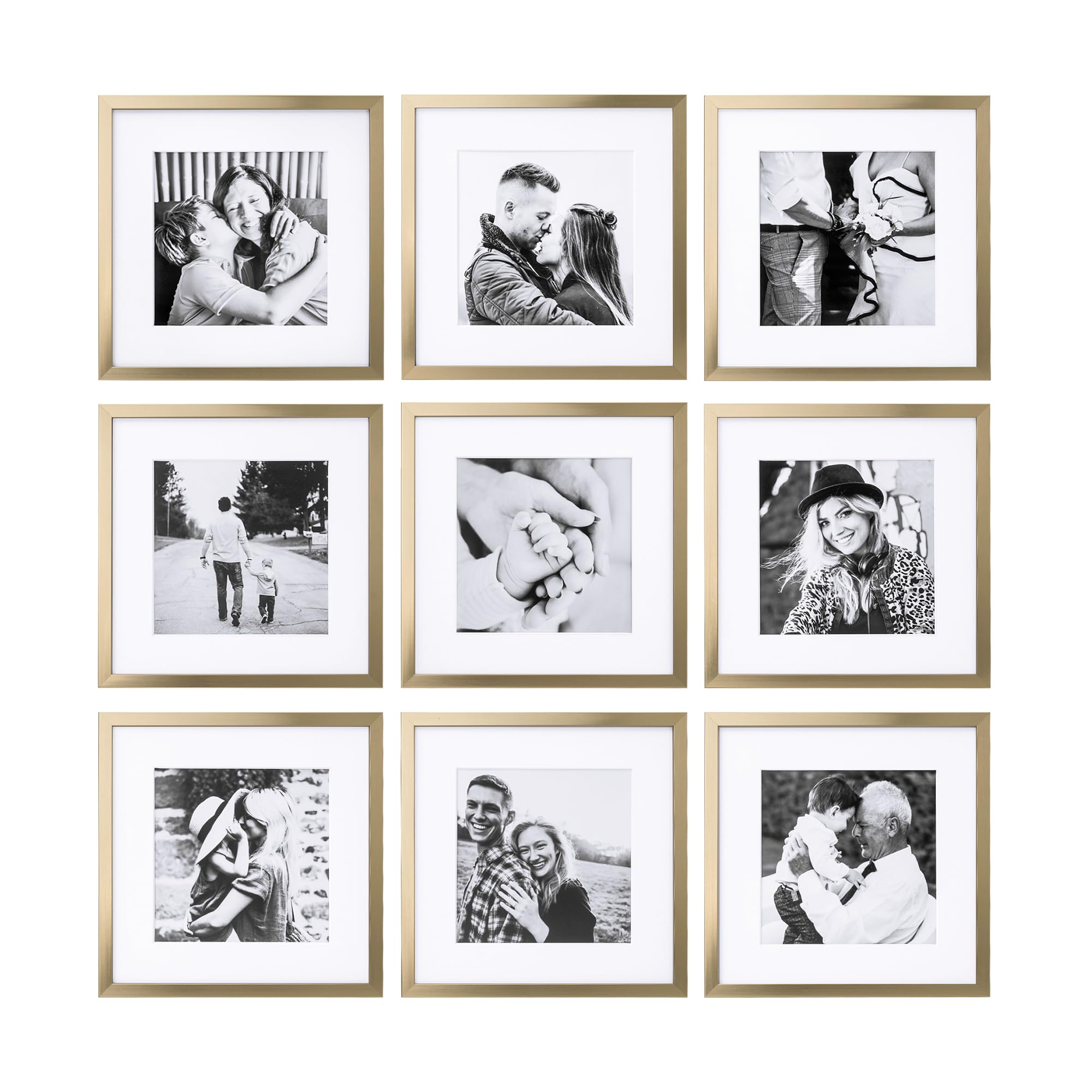 Photo 1 of ArtbyHannah Gallery Wall Frame Set of 9 10x10 Square Picture Frame, Gold Frames Used as 8x8 Picture Frames with Mat or 10x10 Frame Without Mat for Gallery Wall Mounting