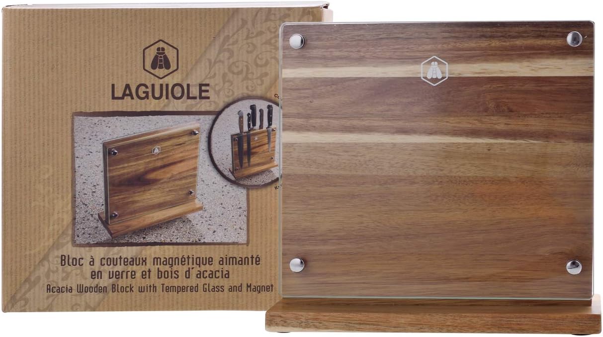 Laguiole Empty Wooden & Glass Block-40268431-Acacia Wood Magnetic Knife Block Without Knife, Real Wood/Glass, Brown, L