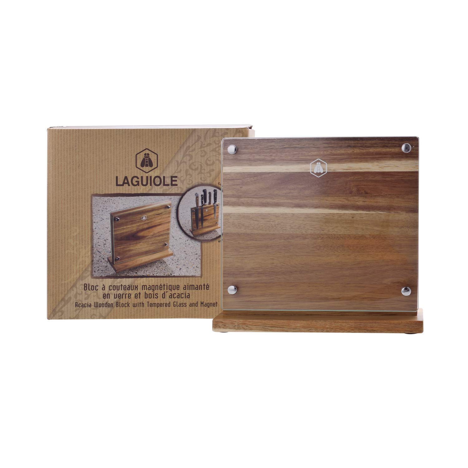 Laguiole Empty Wooden & Glass Block-40268431-Acacia Wood Magnetic Knife Block Without Knife, Real Wood/Glass, Brown, L