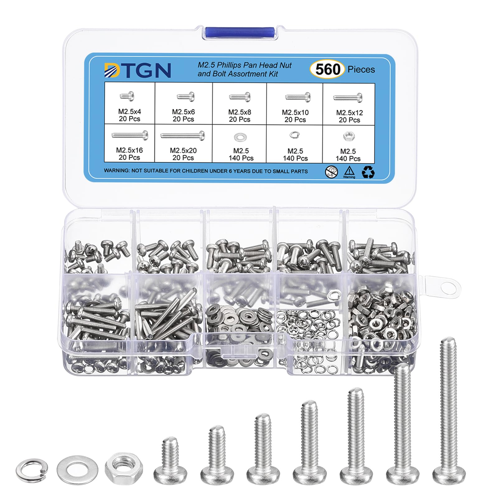 DTGN 560Pcs Machine Screws Assortment Kit, M2.5 Phillips Pan Head Nut and Bolt Assortment Kit, 4/6/8/10/12/16/20mm Metric Bolt Assortment, 304 Stainless Steel With Washers