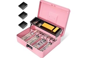 Polspag Cash Box with Combination Lock, Metal Money Box with Cash Tray, Lock Safe Box, 4 Bill/5 Coin Slots, 11.8L x 9.5W x 3.5H Inches, Portable Locking Cash Boxes,Pink