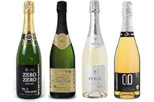 VARIOUS WINERIES Sparkling Wine Sampler - Four (4) Non-Alcoholic Wines 750ml Each - Elivo Zero Zero Deluxe Sparkling, Princess Bollicine Bianco Extra Dry, Perle Blanc, and Tautila Espumoso Blanco