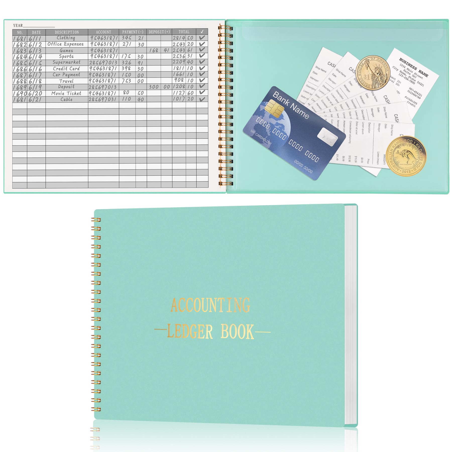 HAUTOCO Accounts Book for Finance Bookkeeping, Accounting Ledger Book for Small Businesses and Home Budget Tracking, Income and Expense Log Book - 257 x 200 mm (Blue)