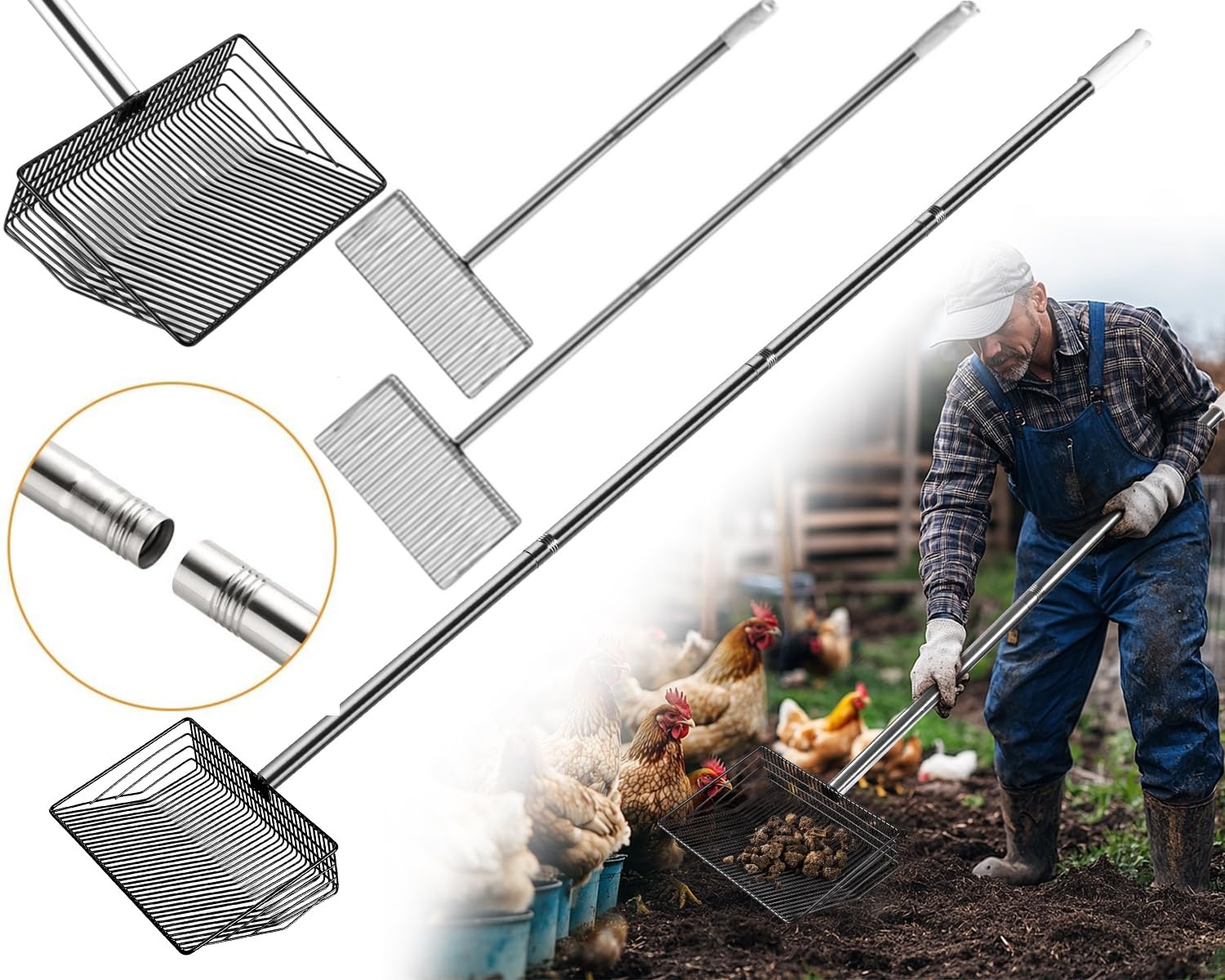 Photo 1 of Foandbevi Large Metal Chicken Poop Scooper, 4-in-1 Detachable Tool 20 to 63 inches, Metal Handle, Stainless Steel Chicken Coop Cleaning Tool, Heavy-Duty Poop Shovel for Chicken Coop Accessories