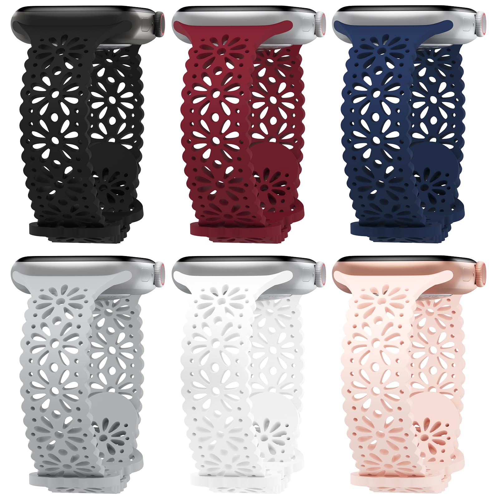 6 Pack Slim Thin Lace Hollow-out Silicone Bands Compatible with Apple Watch 38mm 40mm 41mm 42mm 44mm 45mm 46mm 49mm Women, Breathable Sport Strap for iWatch Series 10/9/8/7/6/5/4/3/2/1 Ultra SE