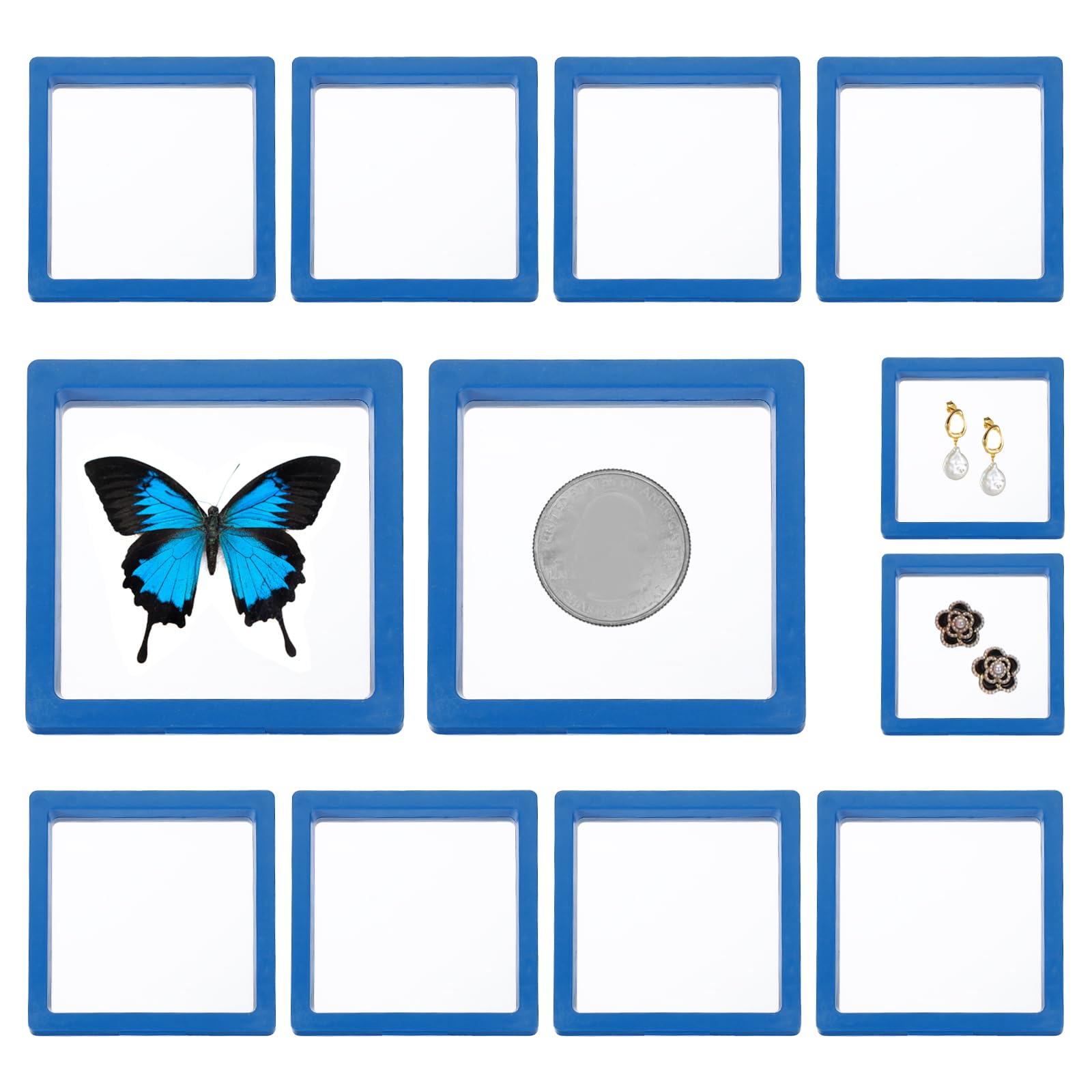PATIKIL 3D Floating Frame Display Stand, 12 Pack 4.3x4.3 Inch Challenge Coin Display Stand Holder Transparent PE Jewelry Storage Box Floating Display Case, Blue
