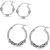 Set of 2 Pair 925 Sterling Silver Hoop Earrings for Women | Bali Double Hoop Earrings Set | Classic Textured Diamond-Cut Click-Top Hoops Earring Gifts for Her