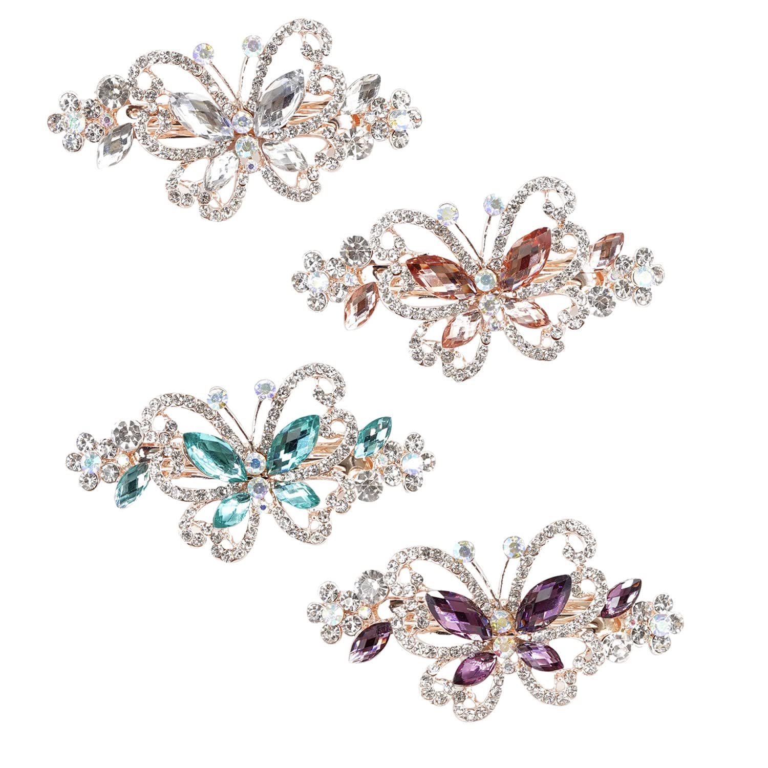 inSowni 4 Pack Luxury Glitter Sparkly Jeweled Gems Crystal Rhinestone Butterfly Metal French Barrettes Alligator Snap Hair Clips Pins Headpieces Hair Accessories for Women Girls