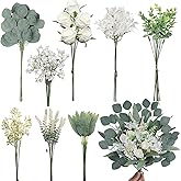 VIERENA Artificial Greenery Stems Box Set(Pack of 75pcs) with 8 Kinds of Faux Plants and Fake Flowers for DIY Wedding Bouquet Table Centerpieces and Floral Arrangement (White&Green)