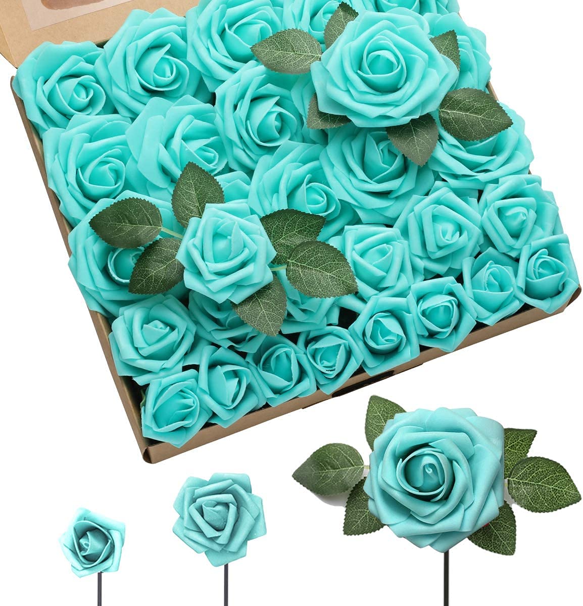 Ruiuzioong Artificial Flowers, 25pcs Real Touch Foam Roses DIY Flowers for Wedding Bouquets Centerpieces Arrangement Party Baby Shower and Home Decor (T-blue, 25pcs)