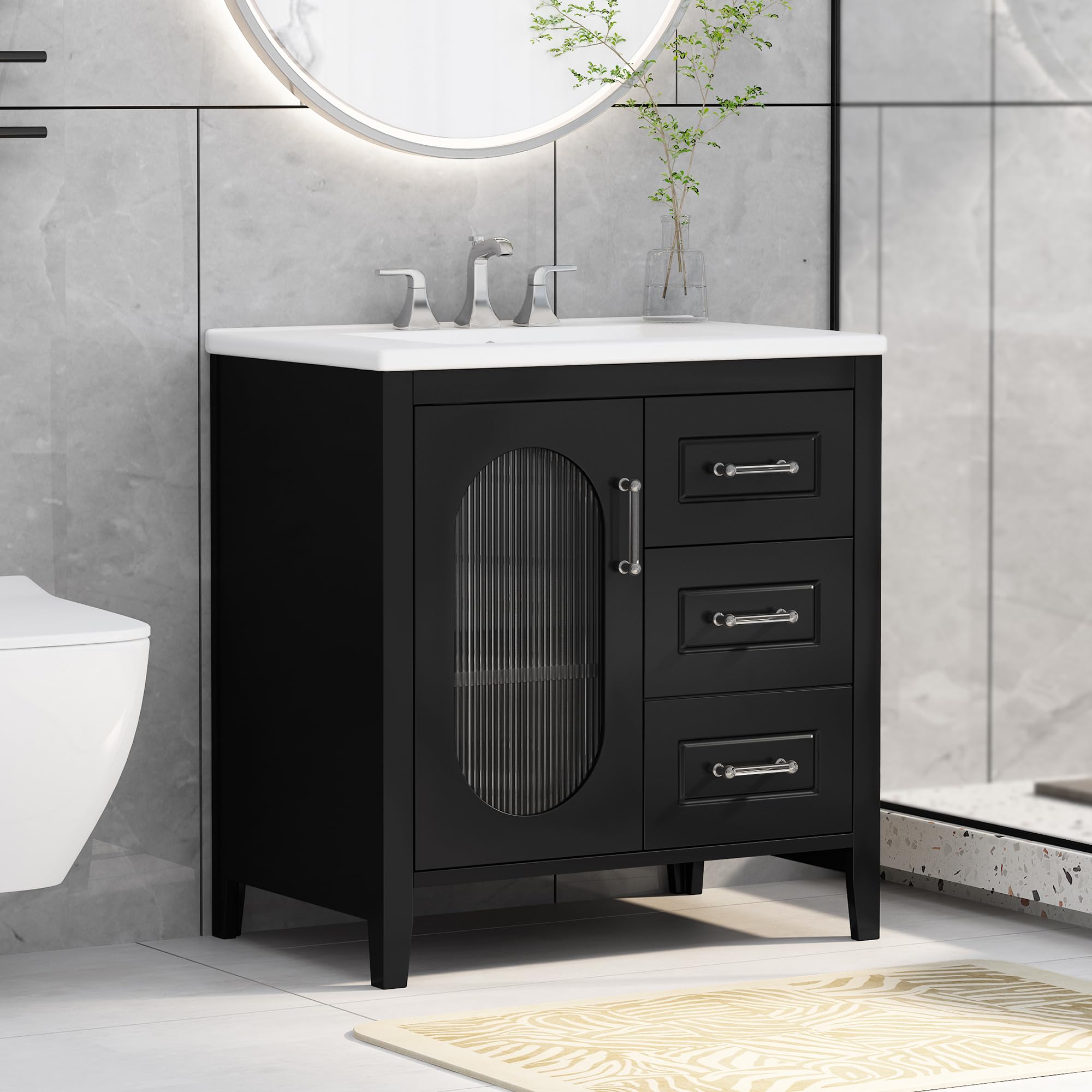 30 Inch Bathroom Vanity with Sink, Storage Cabinet with Moru Glass Door ...