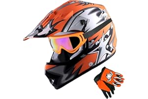 1Storm Youth Motocross Helmet BMX MX ATV Dirt Bike Helmet Matt Star Orange + Goggles + MG Youth Orange Glove Bundle