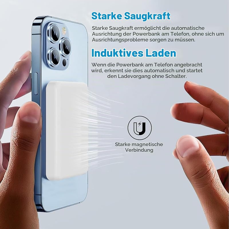 Powerbank für MagSafe, Magnetische Wireless Power Bank 10000mAh Schnellladefunktion Ladegerät, Kabellose Tragbares Externer Akku mit USB-C für iPhone 12 13 14 15 16 17 Serie