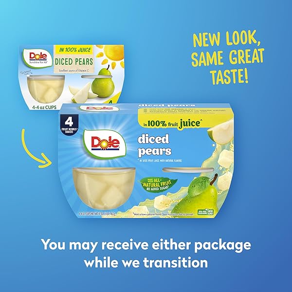 DOLE DICED PEARS IN 100% JUICE^ – DOLE FRUIT BOWLS SNACKS – 4 OZ FRUIT BOWLS – 4 PACK