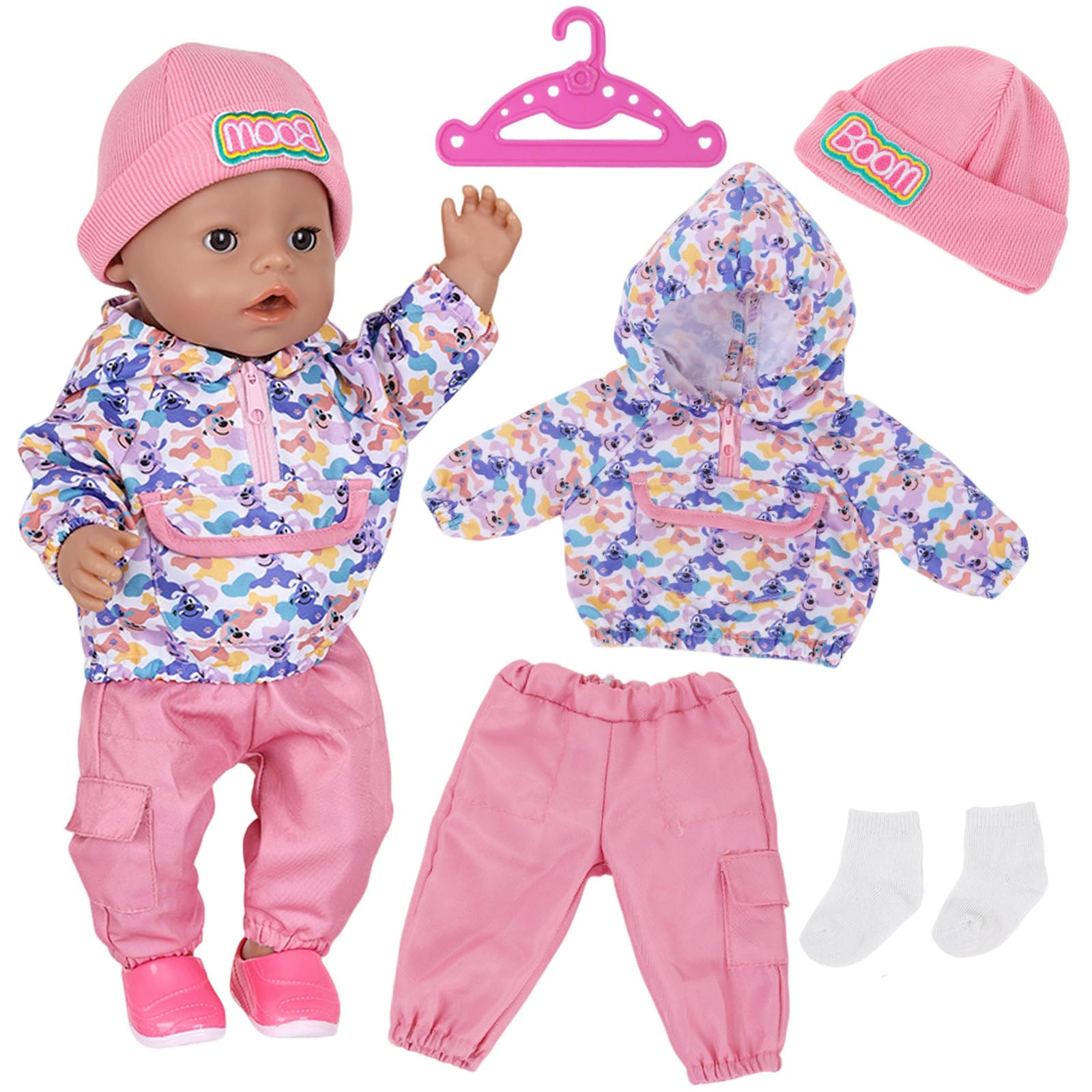 Doll Clothes for 14-18 Inch Baby Doll, Baby Doll Accessories for 35-45cm Dolls, Baby Doll Outfits Cute Dog Jacket with Pocket,Pink Pants, Hat, Socks, Hanger, Pink Doll Clothing Set for Kids Girls