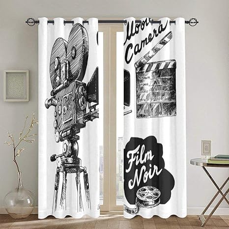 Amazon 遮光遮熱カーテン アンティークムービーカメラ手描きスタイルアートコレクションフィルムノワールジャンルテーマ 高級感 寝室 2枚組シンプル セット 260 180cm カーテン オンライン通販
