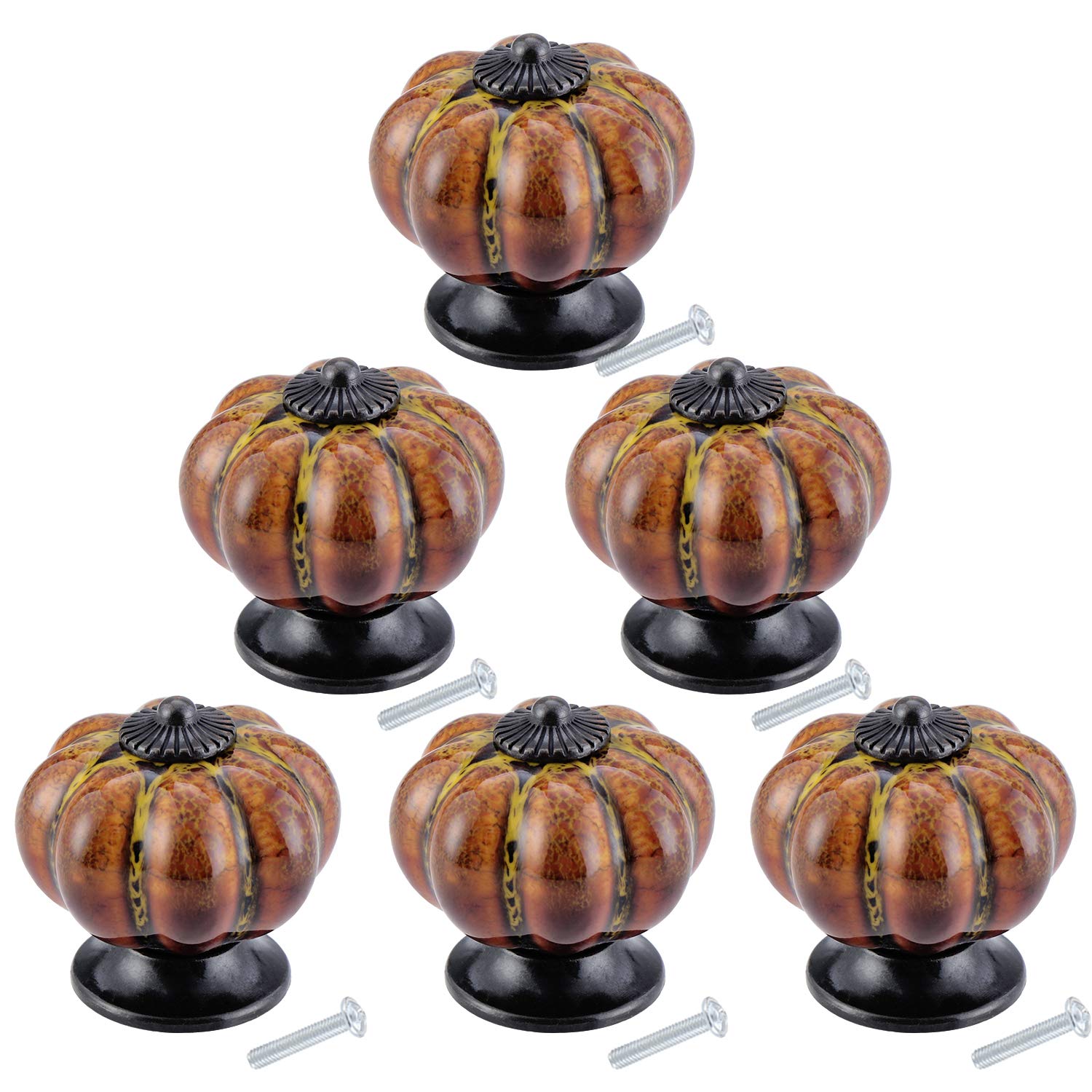 TsunNee 6PCS Ceramic Cabinet Knobs, Chic Leopard Drawer Knobs, Antique Pumpkin Kitchen Cupboard Handles, 40mm Round Furniture Door Knobs, Yellow