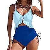 SHESHOW Womens Tummy Control One Piece Swimsuit High Waisted Cutout Ruffle Bathing Suit Color Block Swimsuits S-XXL