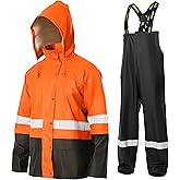 Men's Hi-Vis Reflective Pro Workwear 3-Piece Heavy Duty Waterproof PU Rain Suit Hooded Jacket Bib for Construction Farming