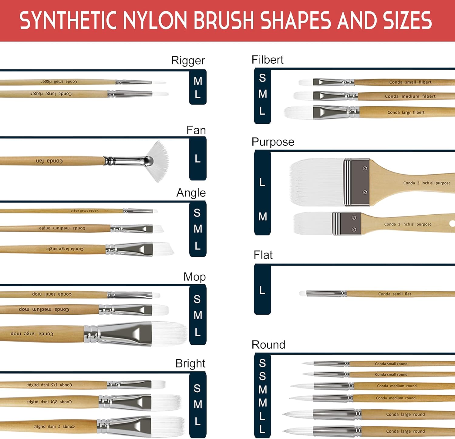 CONDA Paint Brushes Set of 24 Different Shapes Ergonomic Professional Wood Handles with Organizing Case for Acrylic Oil Watercolor, Rock Painting