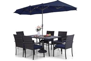 SOPHIA & WILLIAM Patio Outdoor Table and Chairs Set with Umbrella Navy, Patio Dining Sets for 6, 7 Pieces Patio Table Set Clearance for Backyard Deck Porch Outside, Metal Table with Hole & Cushioned Rattan Chairs