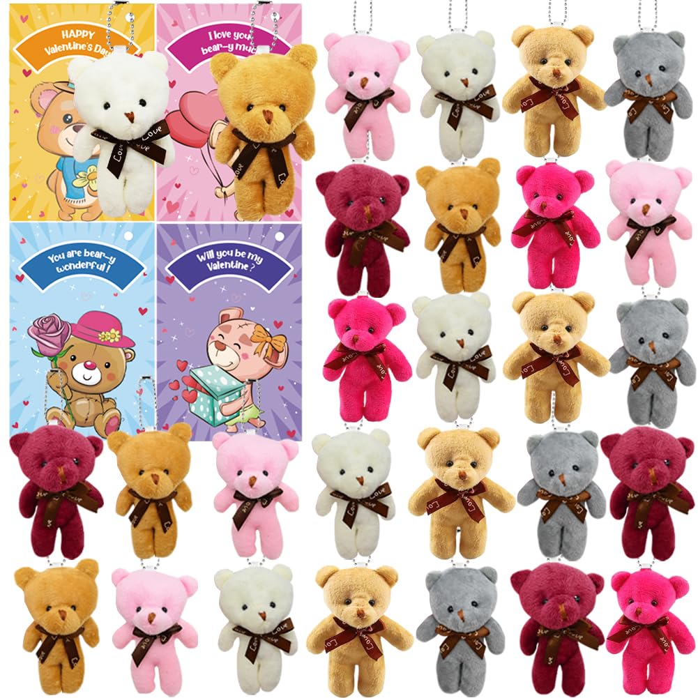 Photo 1 of 28PCS Valentine's Day Gift Cards Plush Bear Stuffed Keychain Toys, Mini Stuffed Animal Plush Toys Keychains for Kids School Classroom Rewards, Valentine's Gifts Exchange, Valentines Party Favor