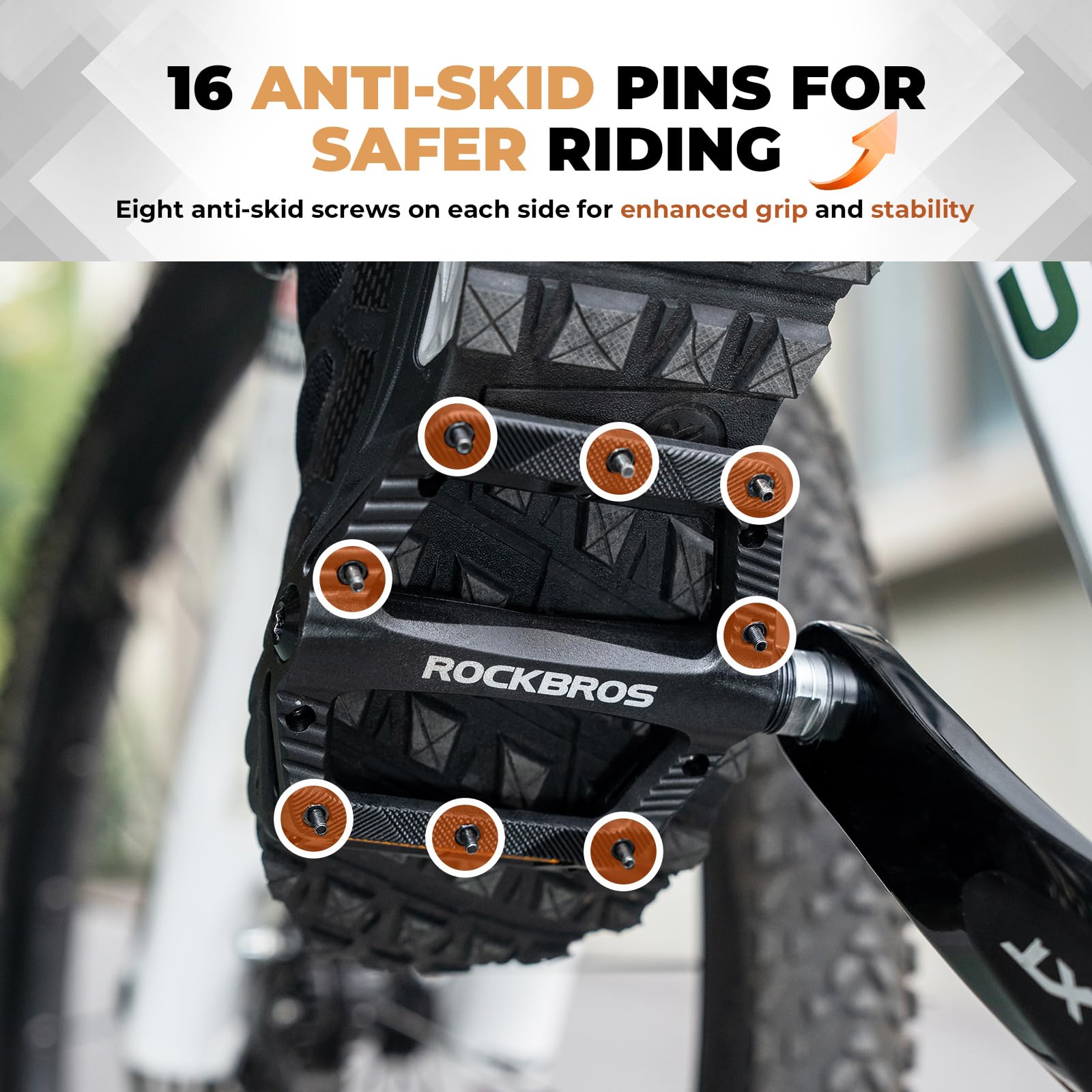 ROCKBROS Flat Pedale, Fahrradpedale rutschfest mit Eisenstiften Reflektorstreifen, Leichtes Nylon und 11,5cm Breite, Cube Pedale für Mountainbike, E-Bike, Gravel 4