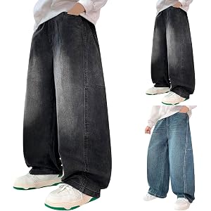 Baggy Boys Jeans Wide Straight Leg Elastic Waist Y2K Denim Washed Pants Classic Trendy Streetwear with Pockets