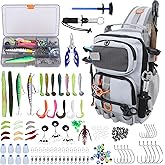 Fishing Backpack with Tackle Boxes,Waterproof Fishing Shoulder Bag with Rod Holder,Fish Bag with 136 Pcs Fishing Lures Kit,Fish Hook Remover Tool,Fish Lip Gripper,Fishing Plier,Gifts for Men (Gray)