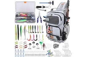 VKVXCLON Fishing Backpack with Tackle Boxes,Waterproof Fishing Shoulder Bag with Rod Holder,Fish Bag with 136 Pcs Fishing Lures Kit,Fish Hook Remover Tool,Fish Lip Gripper,Fishing Plier,Gifts for Men (Gray)