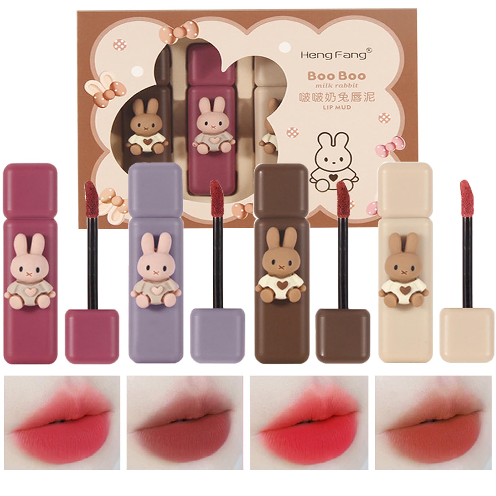 Domality 4pcs Bunny Rabbit Flavor Lip Gloss Set for Lips & Cheeks, 4 Colors Matte Velvet Mousse Liquid Lipstick, Soft Lightweight Smooth Lip Mud, Long Lasting Waterproof Lip Makeup Kit