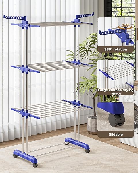 BIGZZIA CLOTHES DRYING RACK, FOLDING STAINLESS STEEL DRYING RACK CLOTHING INDOOR OUTDOOR, SPACE-SAVING, 4 TIER LAUNDRY DRYING RACK WITH TWO SIDE WINGS GREY BLUE