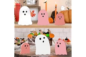 JNYVE Cute Ghost Halloween Decorations Indoor: 6PCS Wooden Ghost Decor Pink Halloween Decor Table Signs for Party Home Mantel Display
