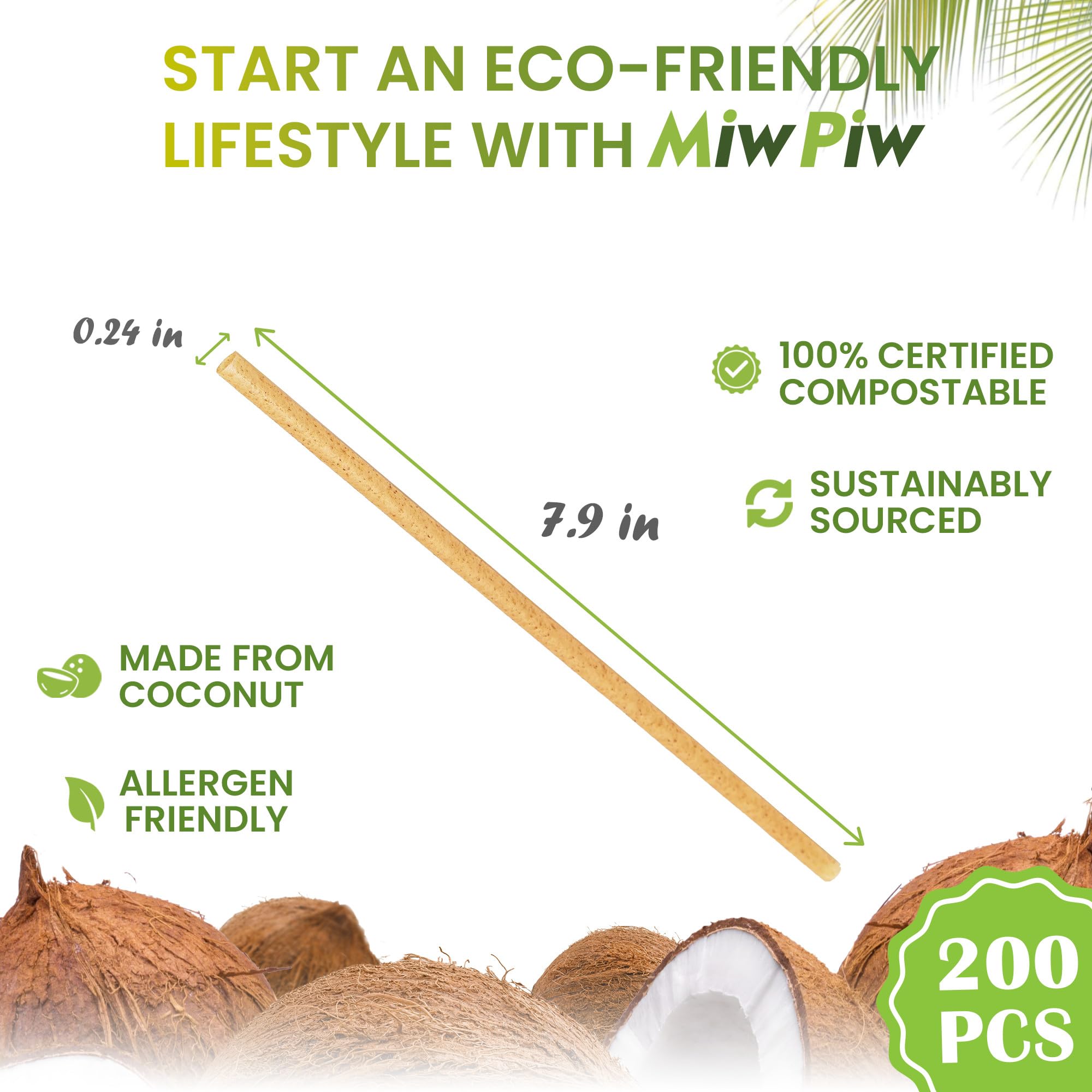 Miw Piw Biodegradable Coconut Straws - 200 Pieces Disposable, Plastic Free, Ecofriendly Coco Fiber Drinking Straws Bulk for Cold and Hot Beverages, Cocktail and Restaurant - Image 2
