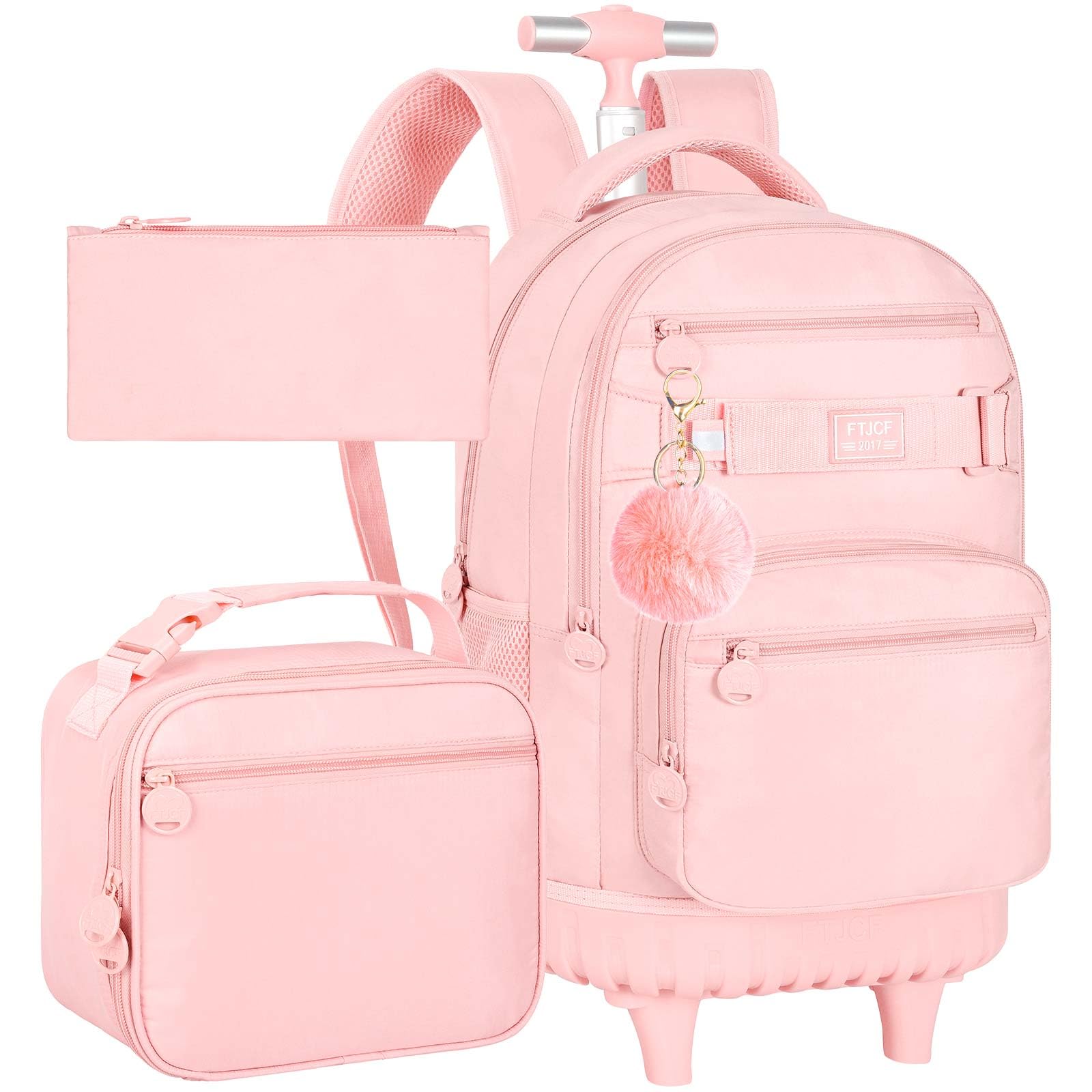 Photo 1 of TXHVO 3Pcs Rolling Backpack for Girls Women, 19 Inche School Roller Backpacks with Wheels, Adults Wheeled Bookbag with Lunch Box(Pink)