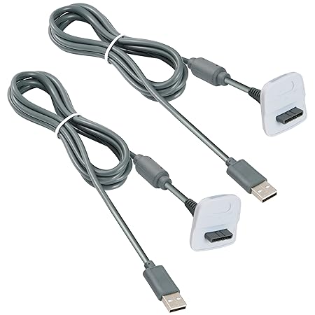 AMATHINGS 2 Stück (Doppelpack) USB Akku Ladekabel in Grau Ladegerät Charger Passend für Xbox 360 Wireless Controller xbox360