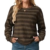 IWOLLENCE Women's Lightweight Waffle Knit Striped Long Sleeve Tops Crewneck Preppy Shirts Casual Loose Fall Sweaters