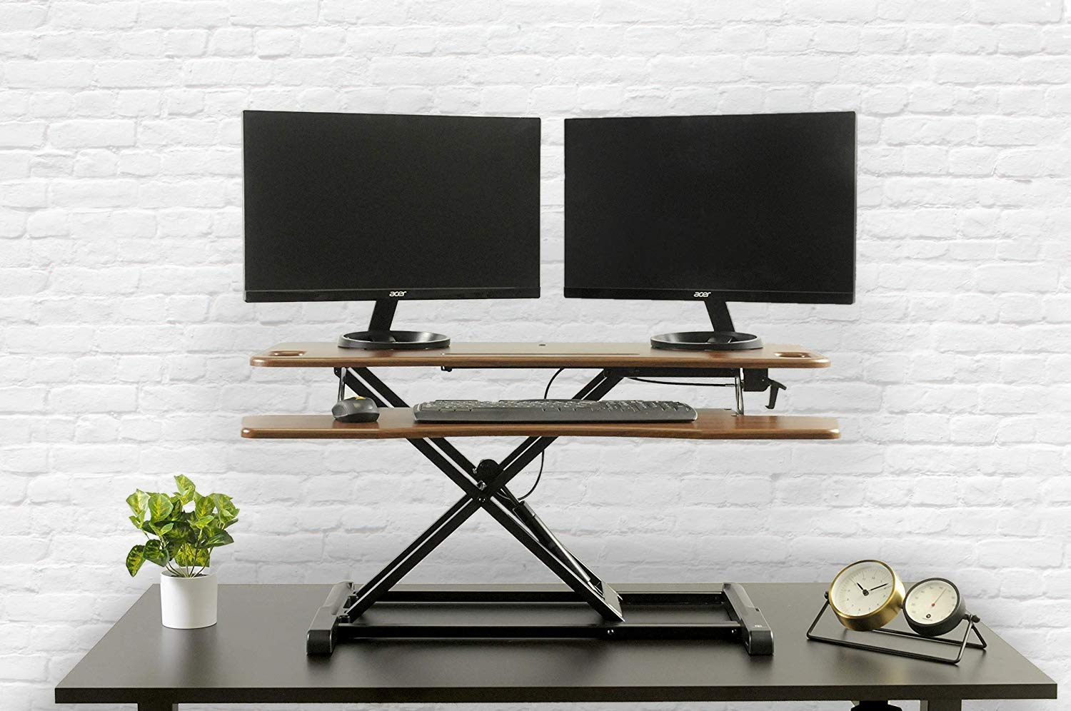 TechOrbits Standing Desk 37" Stand Up Desk Converter Wood Brown Tabletop Sit Stand Desk Fits Dual Monitors Two Tiered Height Adjustable Workstation