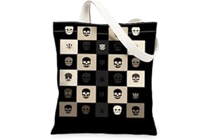 Gothic Skull Canvas Tote Bags, Vintage Checker Pattern Reusable Grocery Bags, Lightweight Washable Shoulder Strap Canvas Fo