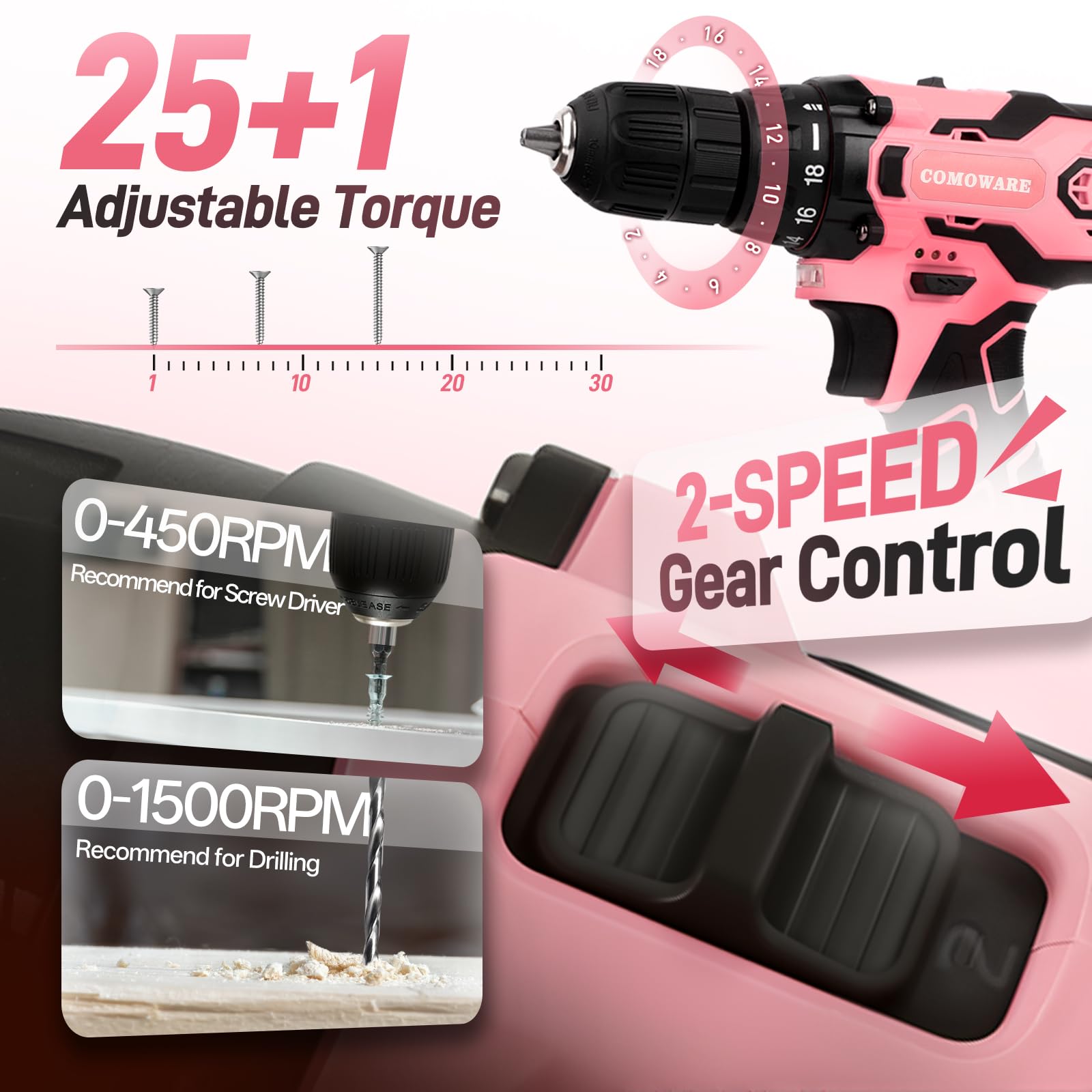 COMOWARE 12V Pink Cordless Drill Home Tool Kit, Pink Drill Set for Women, Lady's Home Repairing Tool Kit Hand Tool Set for DIY Large-Capacity Tool Storage Bag Included