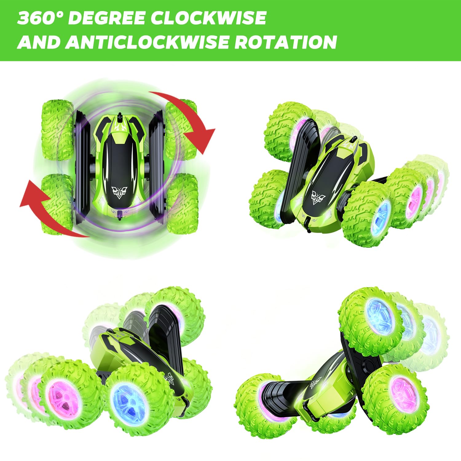 KKONES Remote Control Car, 2.4GHz Electric Race Stunt Car, Double Sided 360° Rolling Rotating Rotation, LED Headlights RC 4WD High Speed Off Road Gift for 3 4 5 6 7 8-12 Year Old Boy Toys (Green)