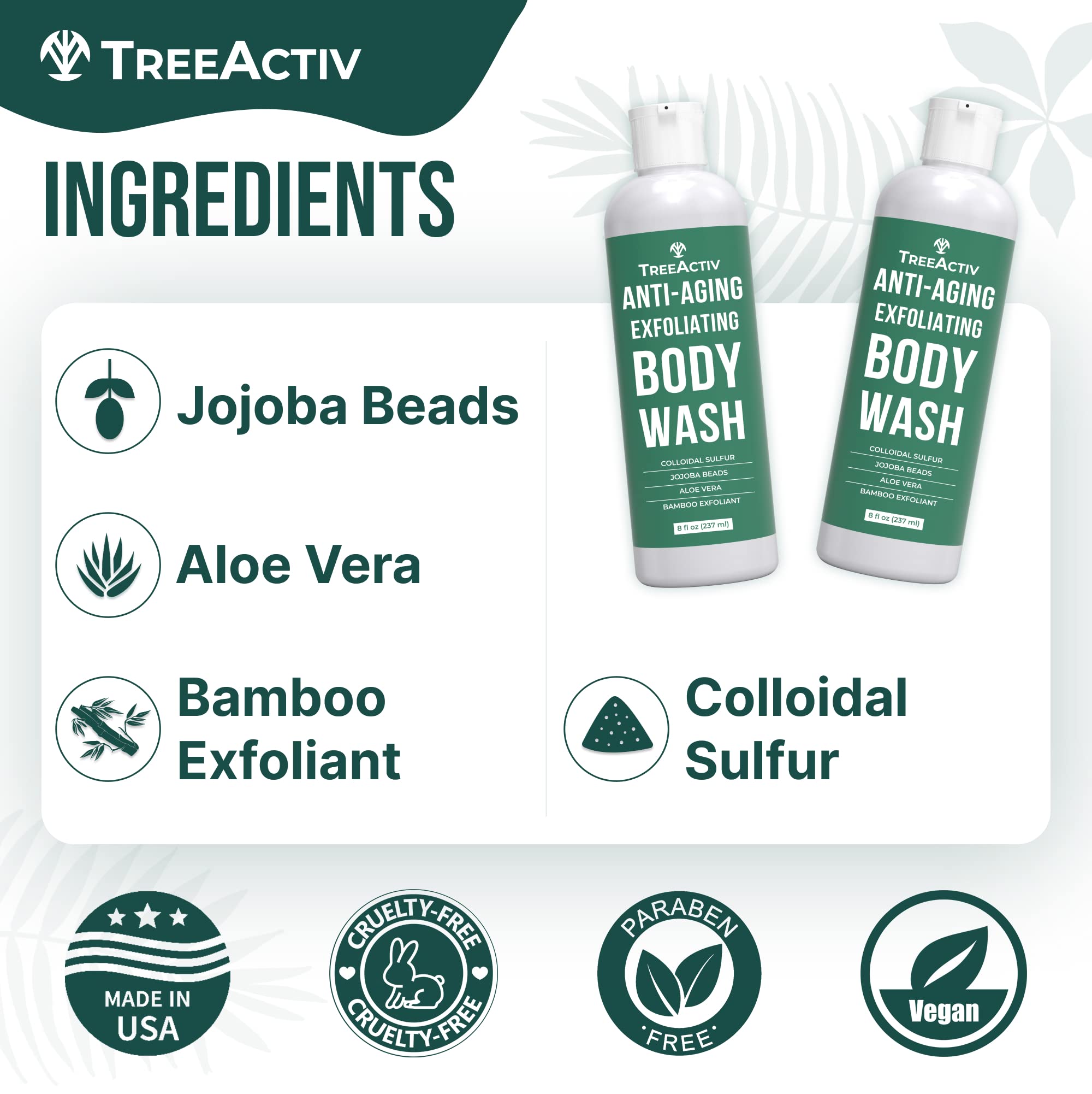 TreeActiv Anti-Aging Exfoliating Body Wash, 8oz, All Natural Body Wash Women and Men, Exfoliating Body scrub Infused with Jojoba Beads, Sulfur, and Aloe Vera - Shower Gel For All Skin Types - 50 Uses