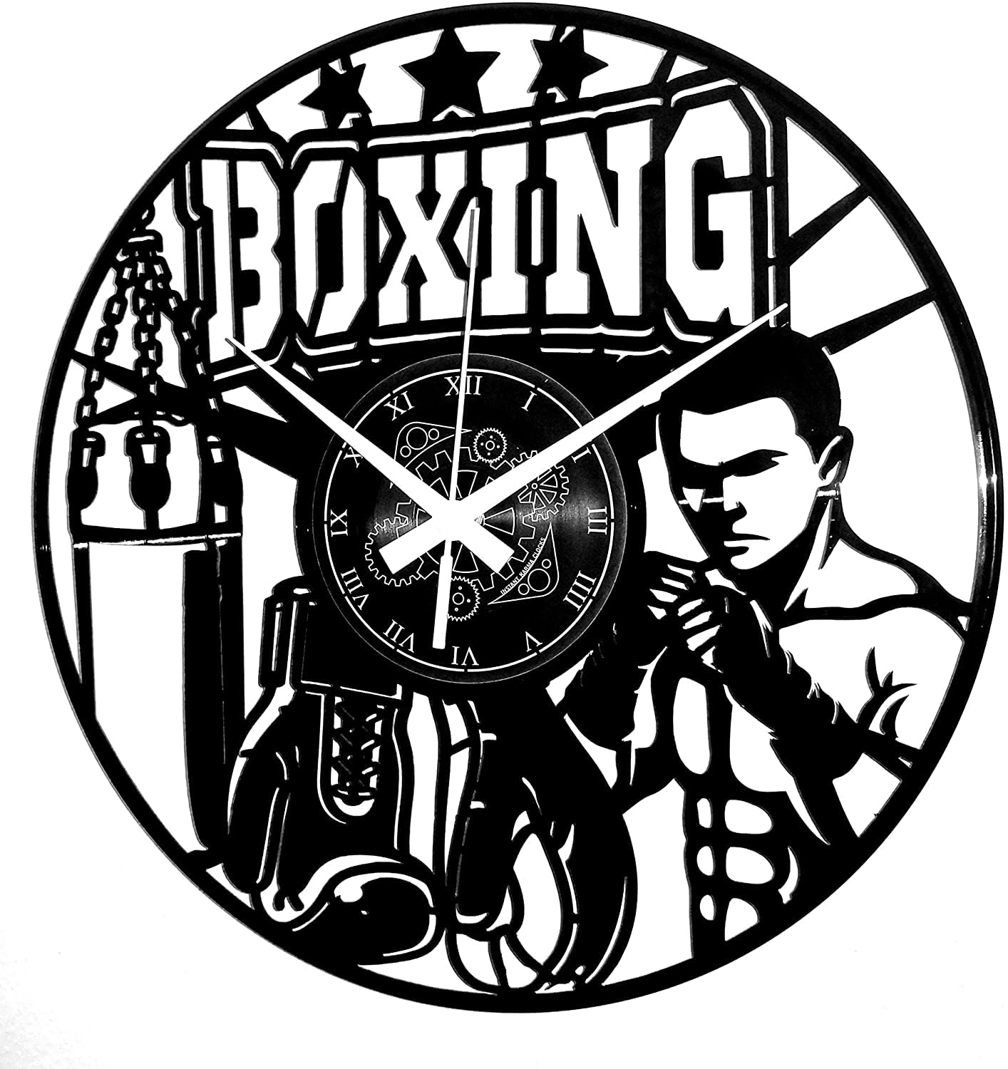 Instant Karma Clocks | Boxing Wall Clock with Fighter, Gloves and Punching Bag | Silent No-Ticking | Perfect for Bedroom, Office, Studio, Cabin, Living Room | Unique Decoration