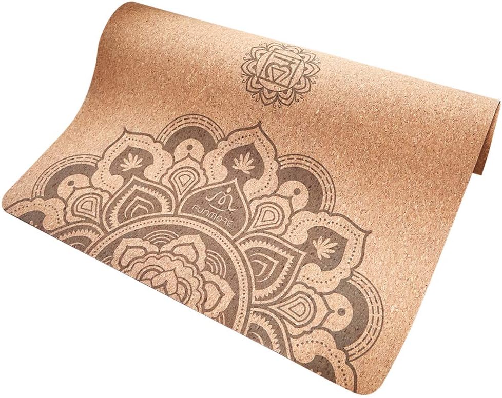 FUN MORE Cork Yoga Mat,Natural Rubber, Non-Slip,Eco-Friendly with Carrying Strap, Non-Toxic, 72" x 24" x 4 mm Extra Large/Wide for Hot Yoga, Pilates and Exercise