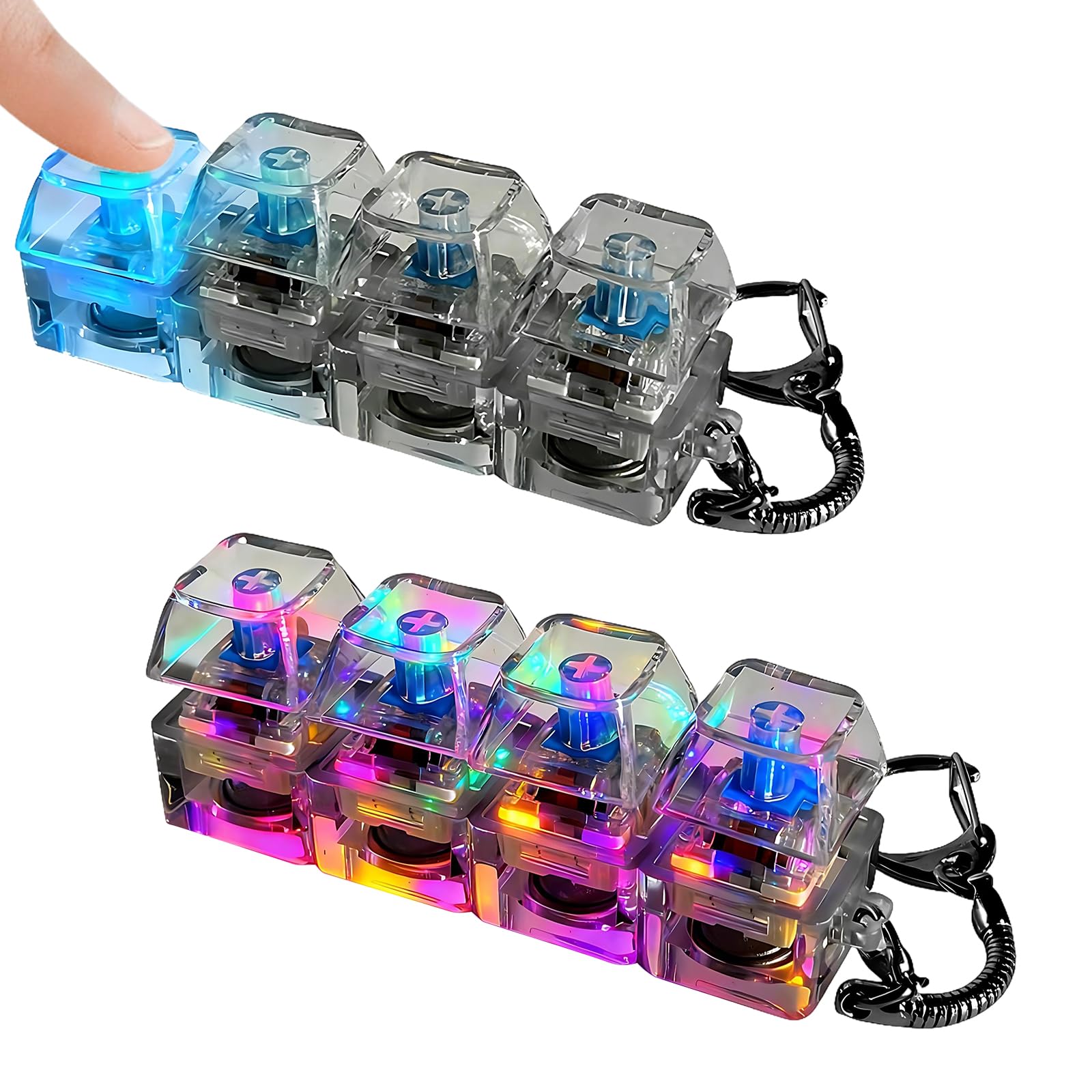 2 Pcs Keyboard Fidget Toy | Keyboard Fidget Keychain - Stress Relief Clicker for All Ages, with Colorful Lights (Clear)