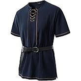 JEMITOP Men's Pure Cotton Retro Short Sleeves Lace Up Shirts for Casual Renaissance Pirate Medieval Viking Without Belt